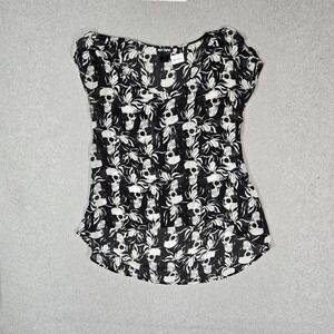 Hot Topic Women Blouse 1X Black Skull Tunic Cold Shoulder Sheer High Low Hem